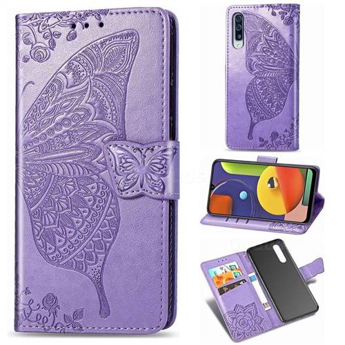 Embossing Mandala Flower Butterfly Leather Wallet Case for Samsung Galaxy A50s - Light Purple