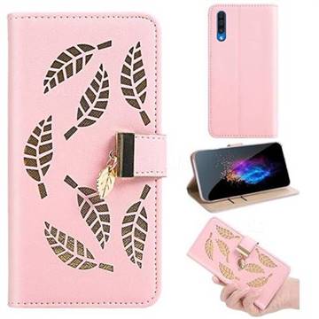 Hollow Leaves Phone Wallet Case for Samsung Galaxy A50s - Pink