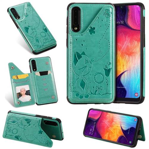 Luxury Bee and Cat Multifunction Magnetic Card Slots Stand Leather Back Cover for Samsung Galaxy A50s - Green