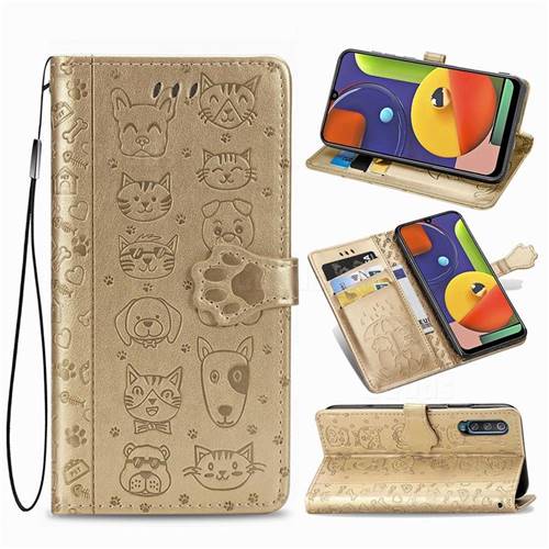 Embossing Dog Paw Kitten and Puppy Leather Wallet Case for Samsung Galaxy A50s - Champagne Gold