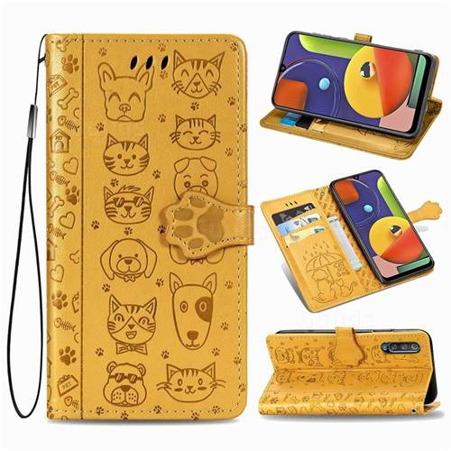 Embossing Dog Paw Kitten and Puppy Leather Wallet Case for Samsung Galaxy A50s - Yellow
