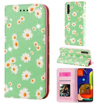Ultra Slim Daisy Sparkle Glitter Powder Magnetic Leather Wallet Case for Samsung Galaxy A50s - Green