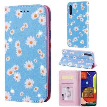Ultra Slim Daisy Sparkle Glitter Powder Magnetic Leather Wallet Case for Samsung Galaxy A50s - Blue