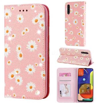 Ultra Slim Daisy Sparkle Glitter Powder Magnetic Leather Wallet Case for Samsung Galaxy A50s - Pink