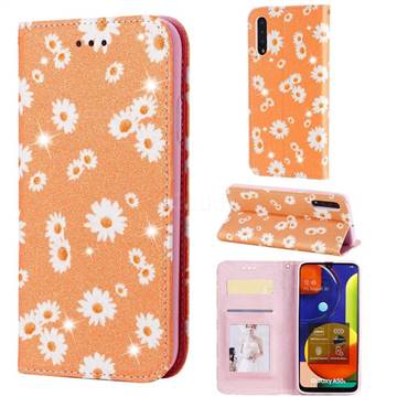 Ultra Slim Daisy Sparkle Glitter Powder Magnetic Leather Wallet Case for Samsung Galaxy A50s - Orange