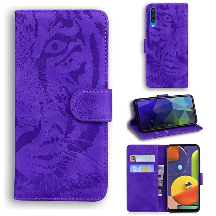 Intricate Embossing Tiger Face Leather Wallet Case for Samsung Galaxy A50s - Purple
