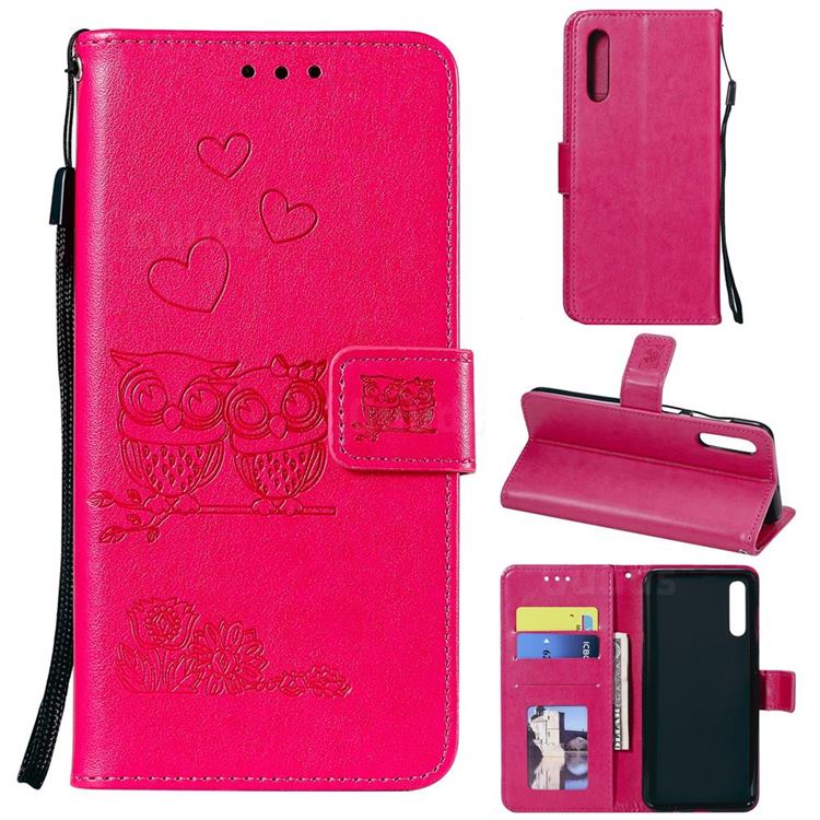 Embossing Owl Couple Flower Leather Wallet Case for Samsung Galaxy A50s - Red