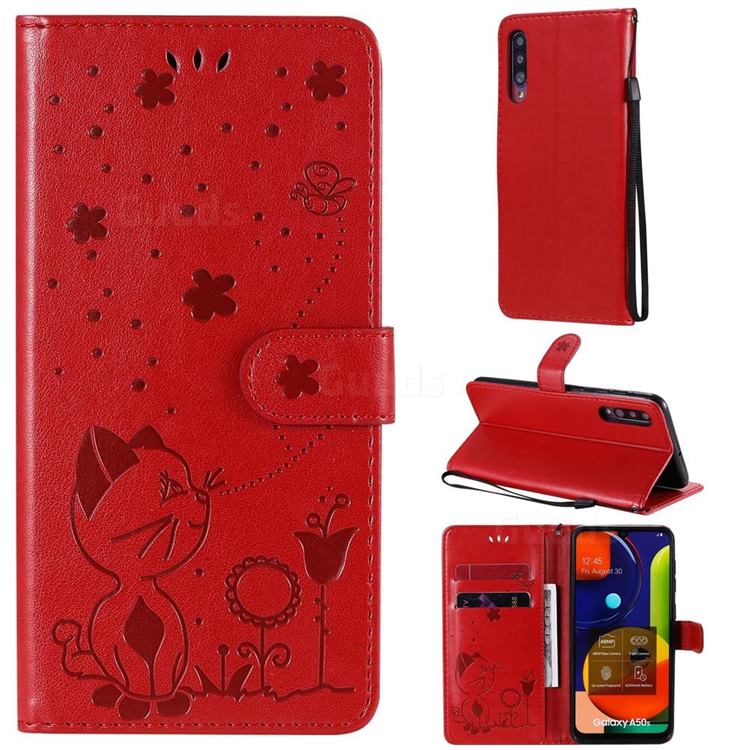 Embossing Bee and Cat Leather Wallet Case for Samsung Galaxy A50s - Red
