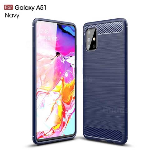 Luxury Carbon Fiber Brushed Wire Drawing Silicone TPU Back Cover for Samsung Galaxy A51 4G - Navy