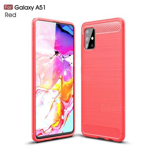 Luxury Carbon Fiber Brushed Wire Drawing Silicone TPU Back Cover for Samsung Galaxy A51 4G - Red