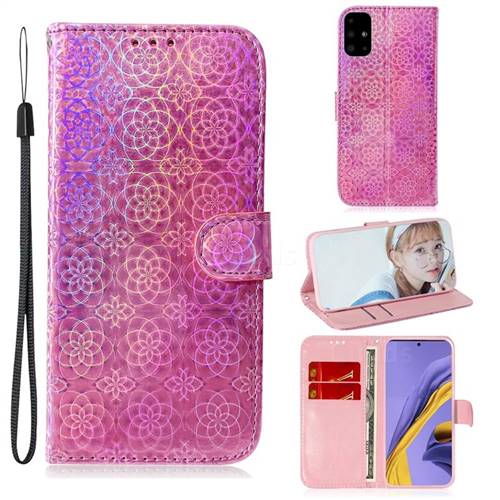 Laser Circle Shining Leather Wallet Phone Case for Samsung Galaxy A51 4G - Pink