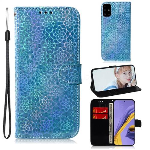 Laser Circle Shining Leather Wallet Phone Case for Samsung Galaxy A51 4G - Blue