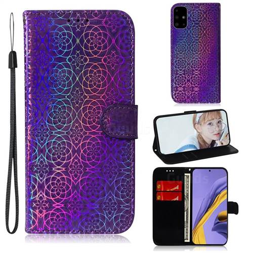 Laser Circle Shining Leather Wallet Phone Case for Samsung Galaxy A51 4G - Purple