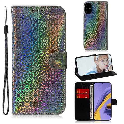 Laser Circle Shining Leather Wallet Phone Case for Samsung Galaxy A51 4G - Silver