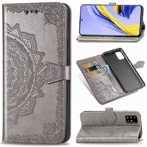 Embossing Imprint Mandala Flower Leather Wallet Case for Samsung Galaxy A51 4G - Gray