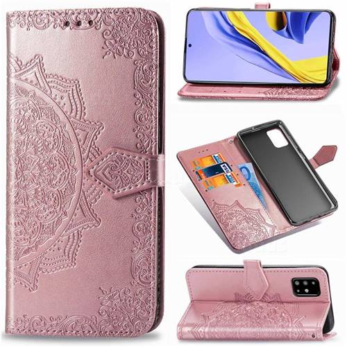 Embossing Imprint Mandala Flower Leather Wallet Case for Samsung Galaxy A51 4G - Rose Gold