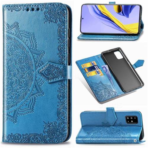 Embossing Imprint Mandala Flower Leather Wallet Case for Samsung Galaxy A51 4G - Blue