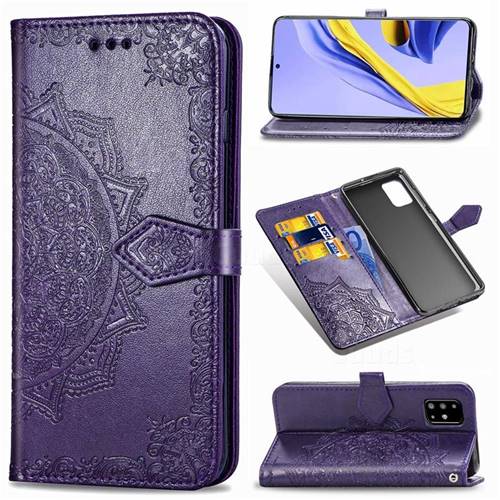 Embossing Imprint Mandala Flower Leather Wallet Case for Samsung Galaxy A51 4G - Purple