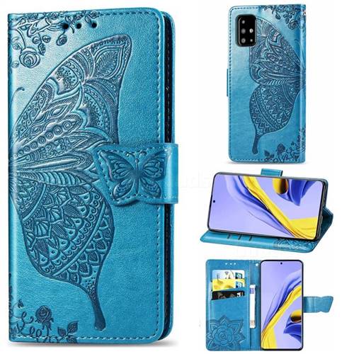 Embossing Mandala Flower Butterfly Leather Wallet Case for Samsung Galaxy A51 4G - Blue