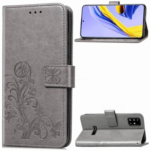 Embossing Imprint Four-Leaf Clover Leather Wallet Case for Samsung Galaxy A51 4G - Grey