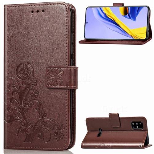 Embossing Imprint Four-Leaf Clover Leather Wallet Case for Samsung Galaxy A51 4G - Brown