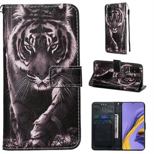 Black and White Tiger Matte Leather Wallet Phone Case for Samsung Galaxy A51 4G