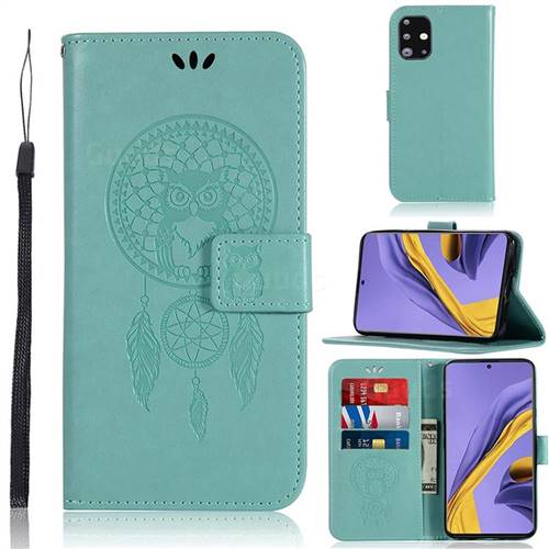 Intricate Embossing Owl Campanula Leather Wallet Case for Samsung Galaxy A51 4G - Green