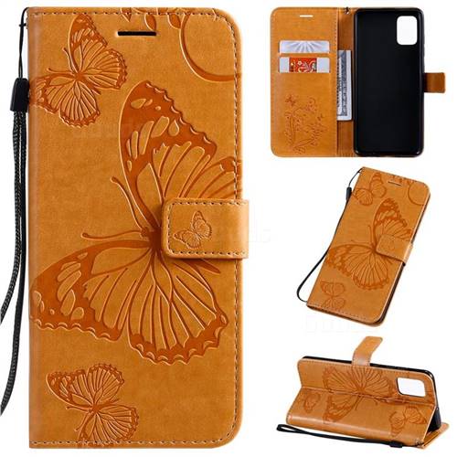 Embossing 3D Butterfly Leather Wallet Case for Samsung Galaxy A51 4G - Yellow