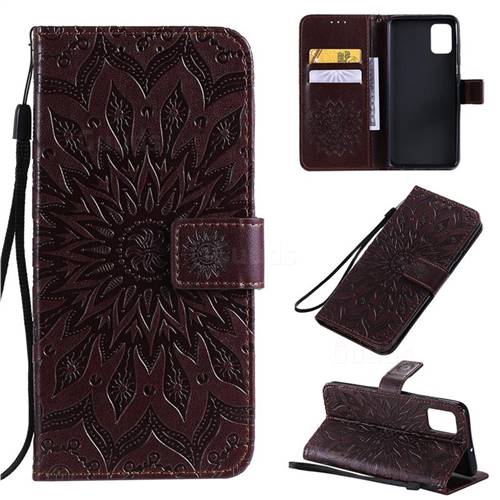 Embossing Sunflower Leather Wallet Case for Samsung Galaxy A51 4G - Brown