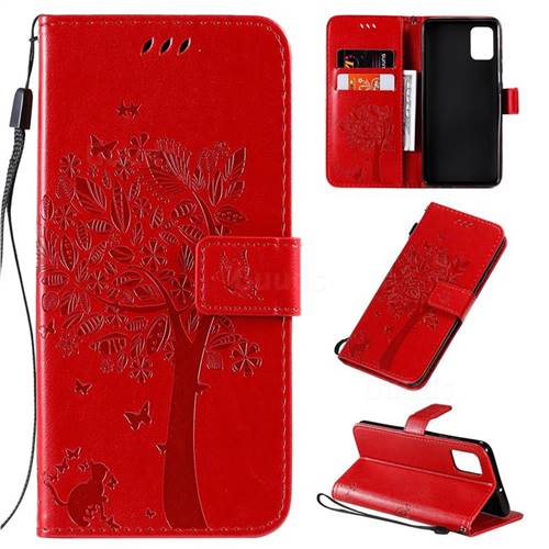 Embossing Butterfly Tree Leather Wallet Case for Samsung Galaxy A51 4G - Red
