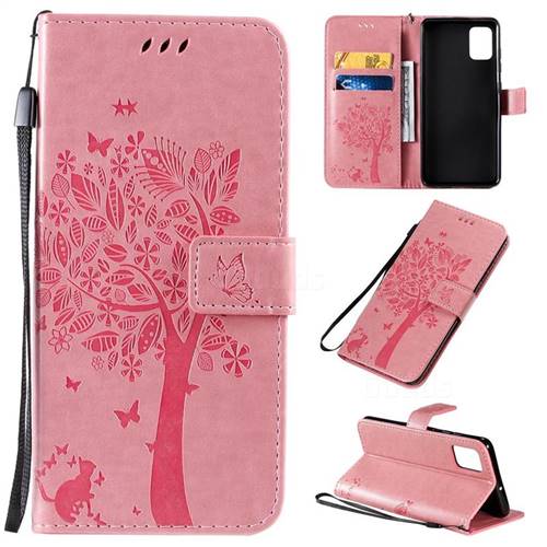 Embossing Butterfly Tree Leather Wallet Case for Samsung Galaxy A51 4G - Pink