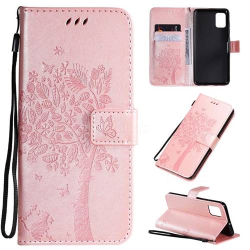 Embossing Butterfly Tree Leather Wallet Case for Samsung Galaxy A51 4G - Rose Pink