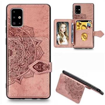 Mandala Flower Cloth Multifunction Stand Card Leather Phone Case for Samsung Galaxy A51 4G - Rose Gold