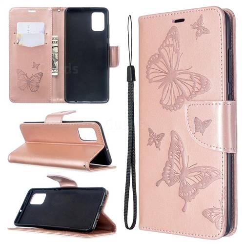 Embossing Double Butterfly Leather Wallet Case for Samsung Galaxy A51 4G - Rose Gold