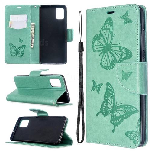 Embossing Double Butterfly Leather Wallet Case for Samsung Galaxy A51 4G - Green