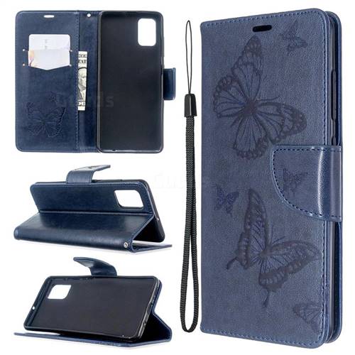 Embossing Double Butterfly Leather Wallet Case for Samsung Galaxy A51 4G - Dark Blue