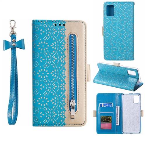Luxury Lace Zipper Stitching Leather Phone Wallet Case for Samsung Galaxy A51 4G - Blue