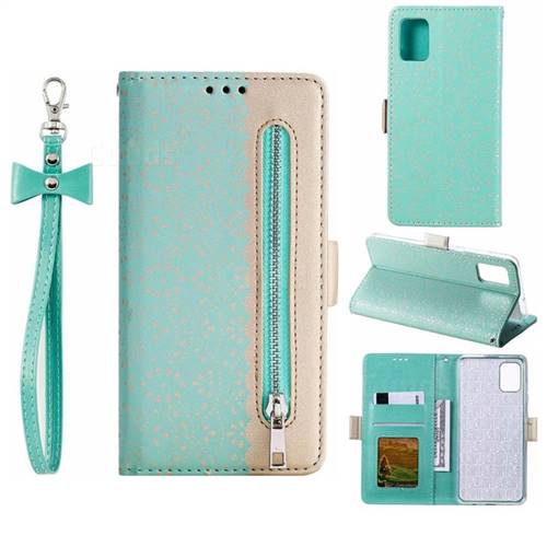Luxury Lace Zipper Stitching Leather Phone Wallet Case for Samsung Galaxy A51 4G - Green