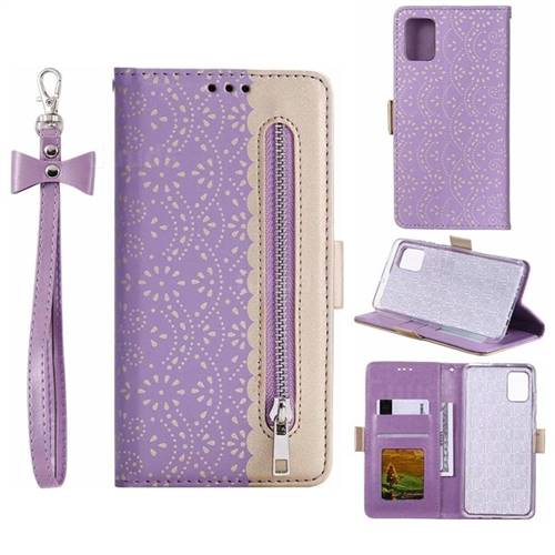 Luxury Lace Zipper Stitching Leather Phone Wallet Case for Samsung Galaxy A51 4G - Purple