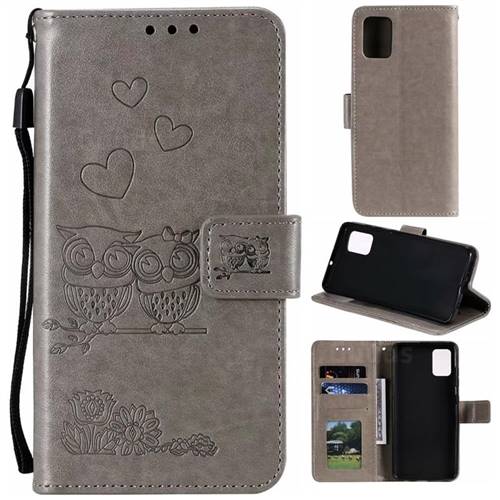 Embossing Owl Couple Flower Leather Wallet Case for Samsung Galaxy A51 4G - Gray