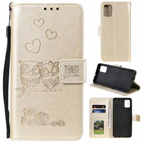 Embossing Owl Couple Flower Leather Wallet Case for Samsung Galaxy A51 4G - Golden