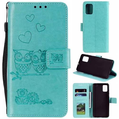 Embossing Owl Couple Flower Leather Wallet Case for Samsung Galaxy A51 4G - Green