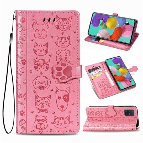 Embossing Dog Paw Kitten and Puppy Leather Wallet Case for Samsung Galaxy A51 4G - Pink