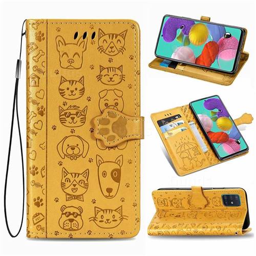 Embossing Dog Paw Kitten and Puppy Leather Wallet Case for Samsung Galaxy A51 4G - Yellow