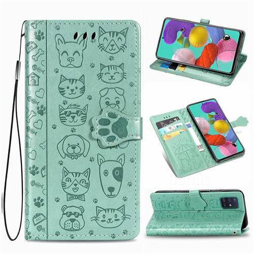 Embossing Dog Paw Kitten and Puppy Leather Wallet Case for Samsung Galaxy A51 4G - Green