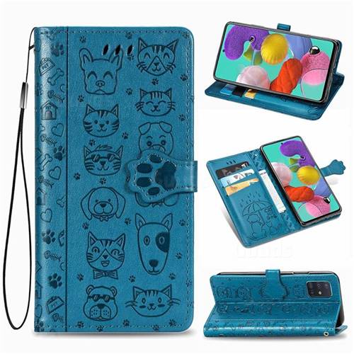 Embossing Dog Paw Kitten and Puppy Leather Wallet Case for Samsung Galaxy A51 4G - Blue