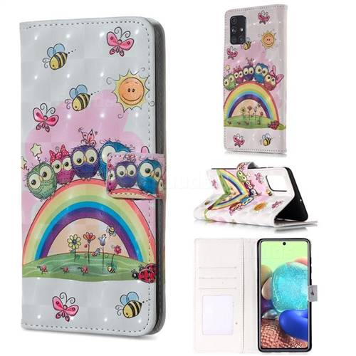 Rainbow Owl Family 3D Painted Leather Phone Wallet Case for Samsung Galaxy A51 4G
