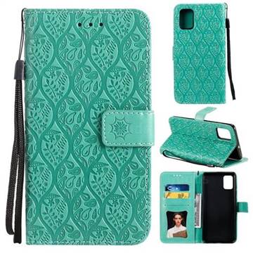 Intricate Embossing Rattan Flower Leather Wallet Case for Samsung Galaxy A51 4G - Green