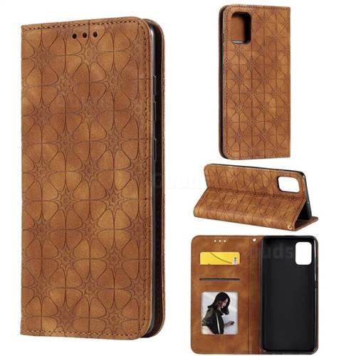 Intricate Embossing Four Leaf Clover Leather Wallet Case for Samsung Galaxy A51 4G - Yellowish Brown