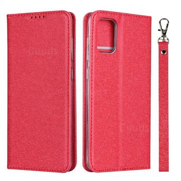 Ultra Slim Magnetic Automatic Suction Silk Lanyard Leather Flip Cover for Samsung Galaxy A51 4G - Red